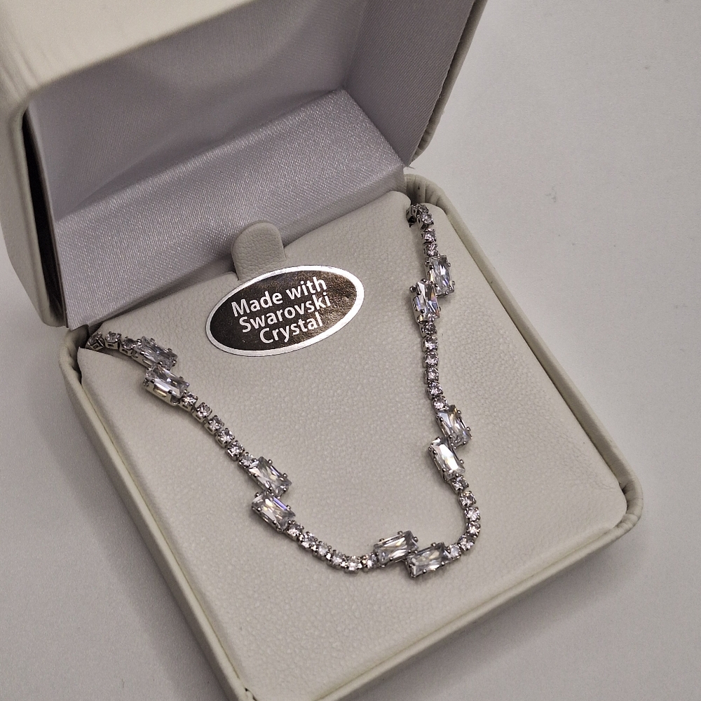 Swarovski Crystal Tennis Necklace w/ Baguette Accents | Silver Tone | Boxed | NW